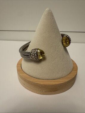 Yellow Gemstone Silver-Tone Twisted Cable Cuff Bracelet